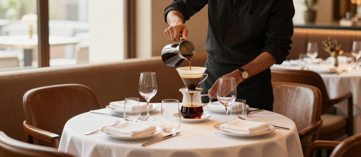 Serviço de café especial em restaurante de alta gastronomia
