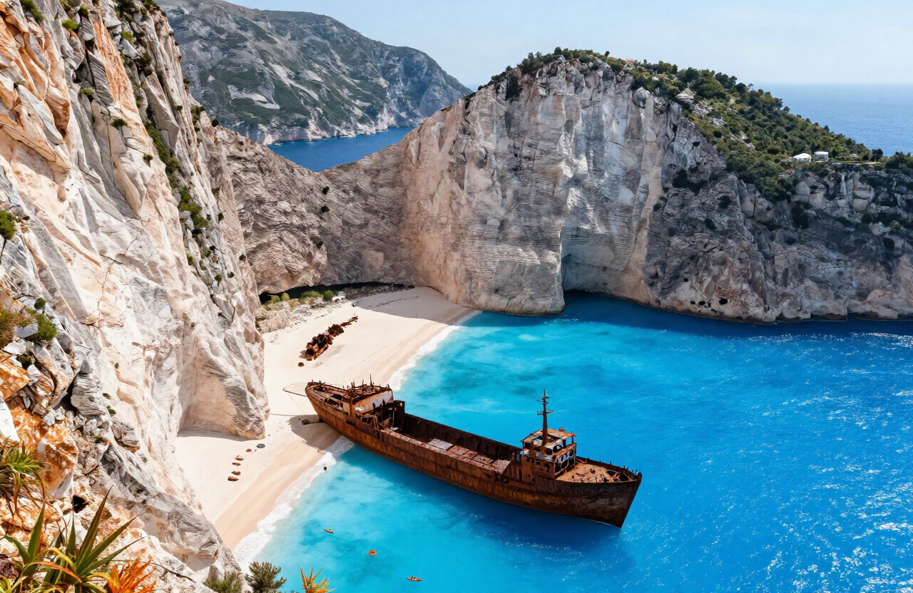 The MV Panagiotis, rusting photogenically since 1980.