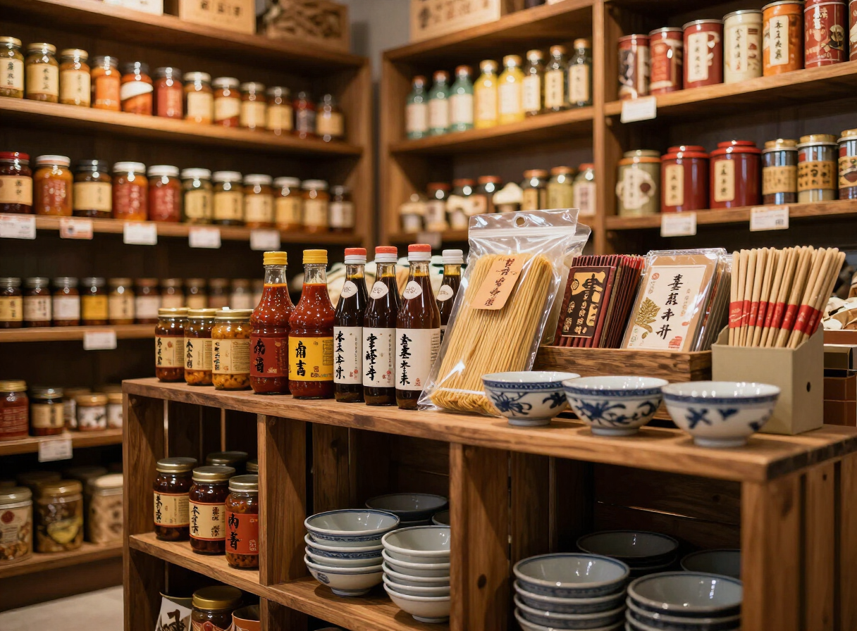 Imported Asian sauces, noodles and ceramics
