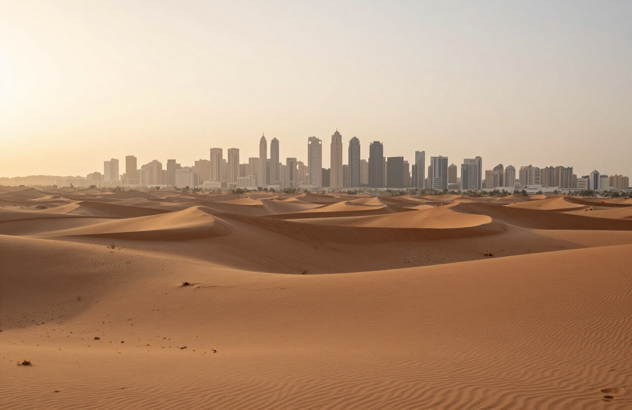 A panoramic view of the Middle East at golden hour — desert dunes leading to a distant modern city skyline