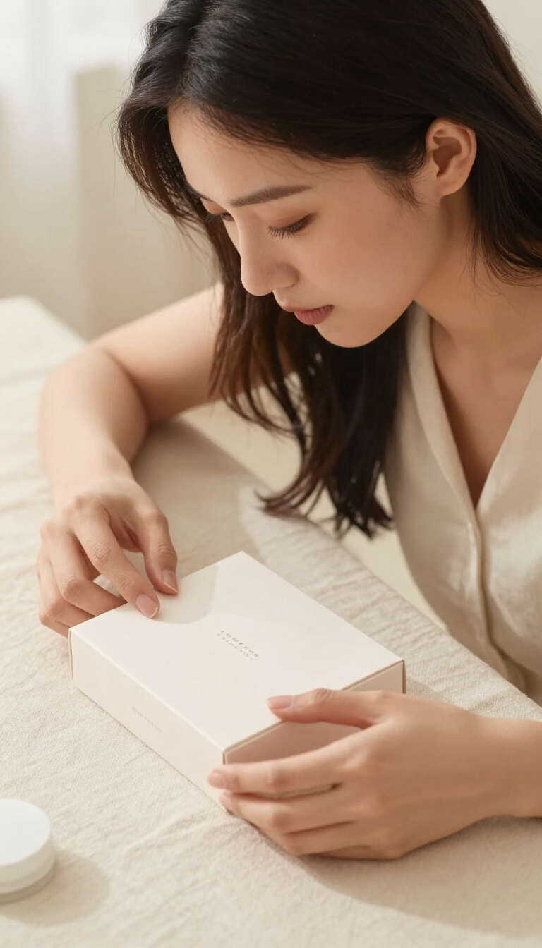 Woman opening a plain unbranded beauty product box on a cream surface
