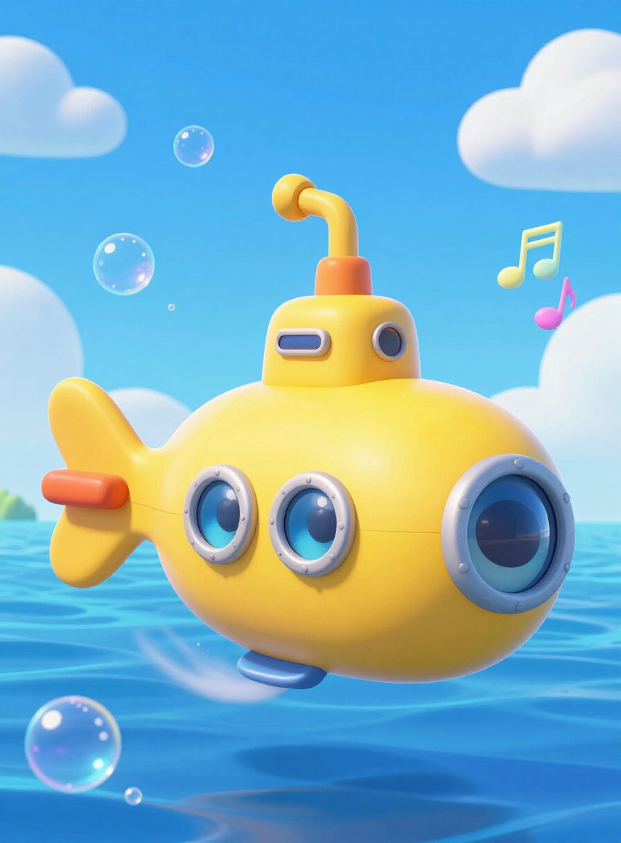Cheerful yellow submarine sailing a bright blue cartoon sea