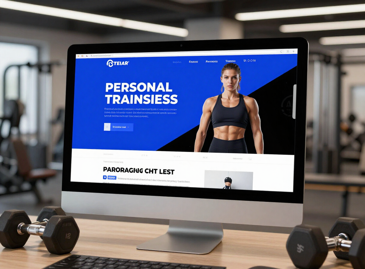 Landing page trenera personalnego na monitorze w siłowni