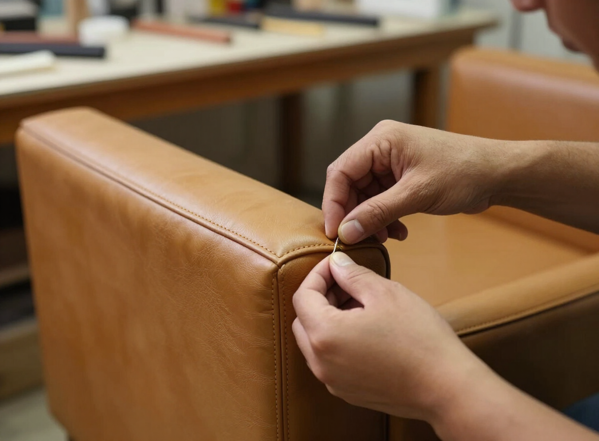 Detalhe do trabalho manual de costura em poltrona