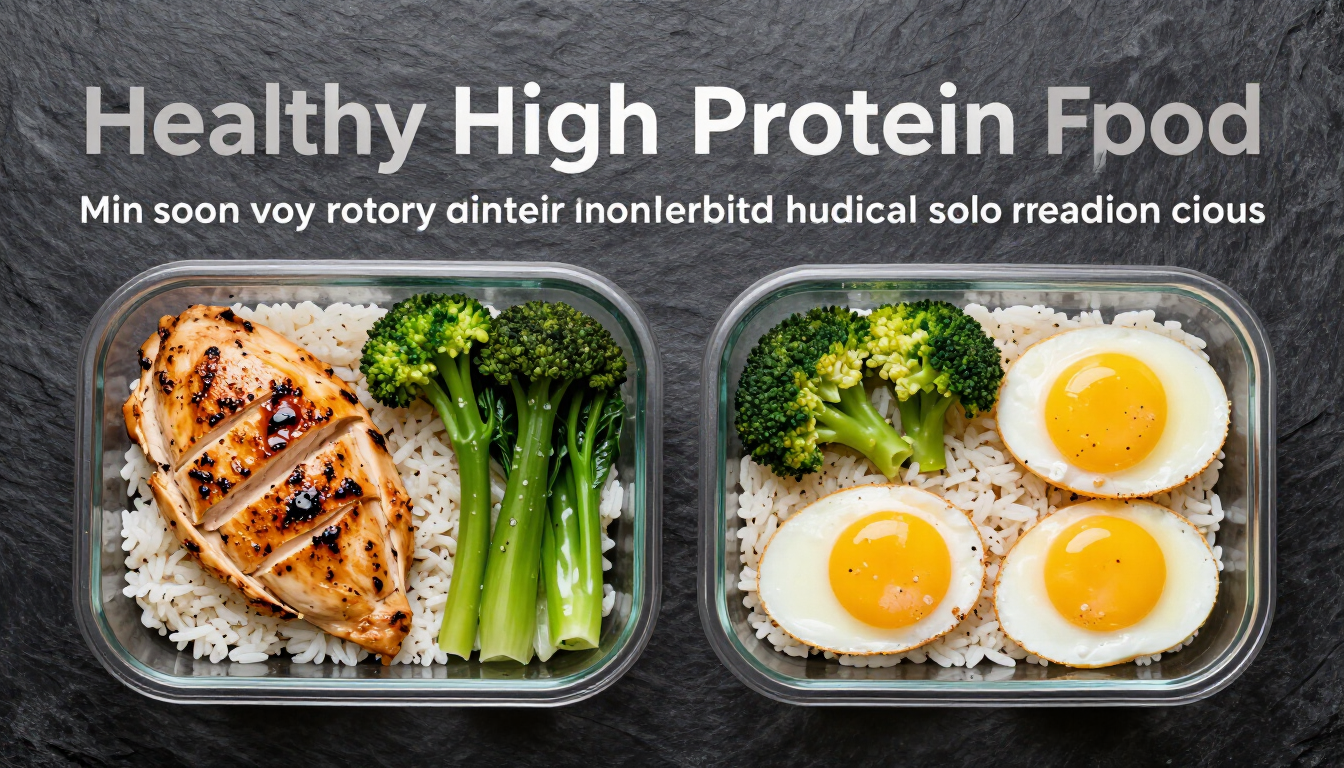 High protein meal prep on a dark slate surface