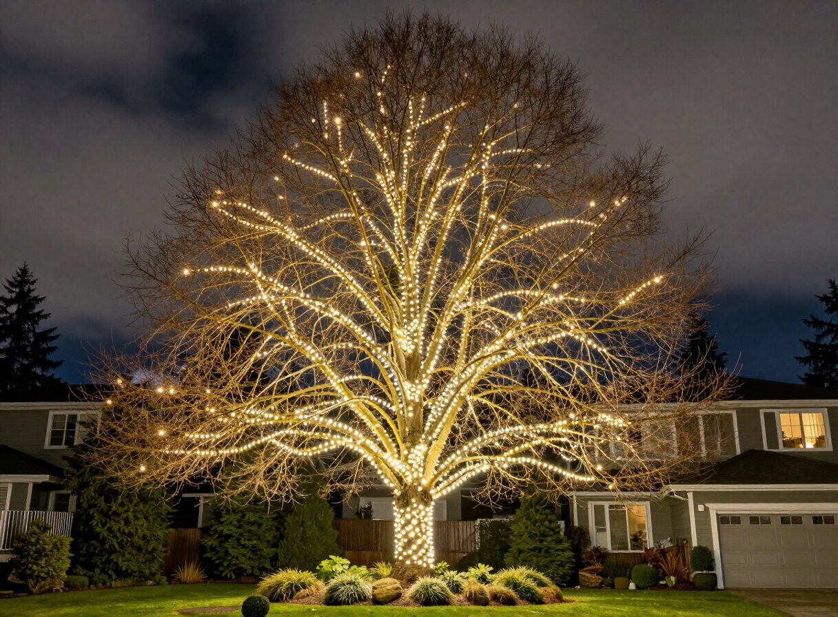 Christmas tree wrapping and light mounting in Surrey with full outdoor coverage and complete yuletide display.