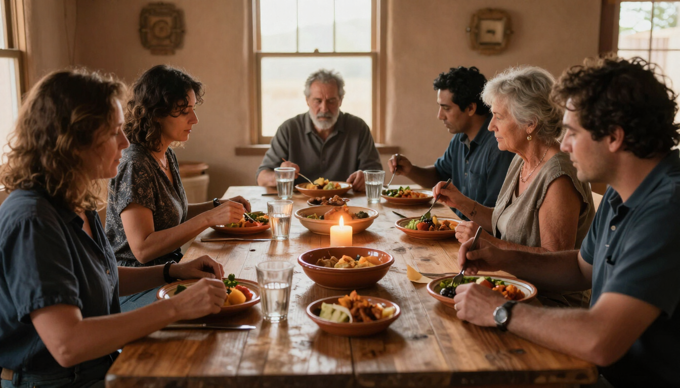 People eating together around a wooden farmhouse table, warm lighting, New Mexico