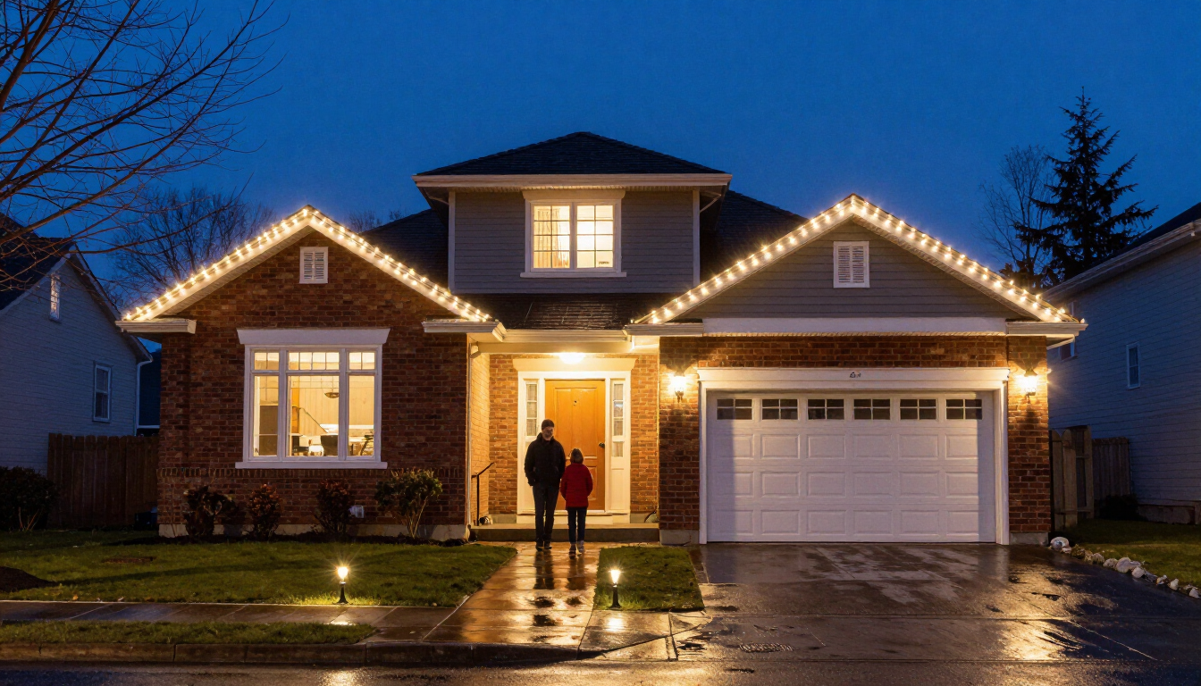 Household Christmas lights in Surrey with soffit lights, yard lighting, and seasonal yuletide decorating.
