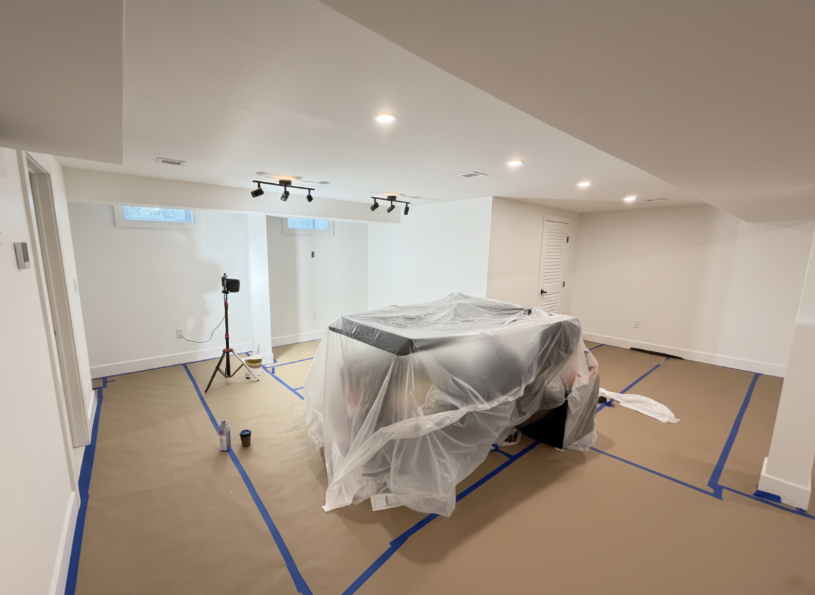 Fort Lee basement before painting - empty room with plastic-wrapped furniture and taped floors