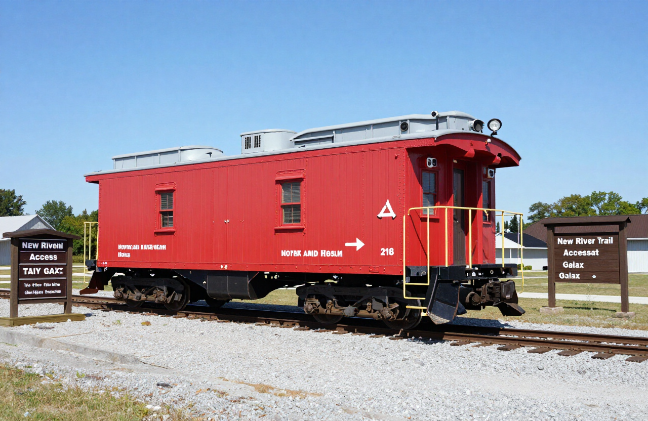 Histórico vagón de cola rojo de Norfolk and Western en el punto de acceso de Galax al New River Trail