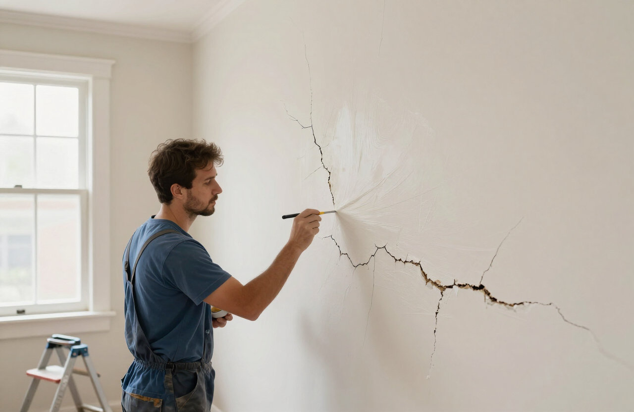 Illustrative plaster repair specialist skim-coating and patching settling cracks on an original plaster wall inside an older Hackensack NJ home before painting