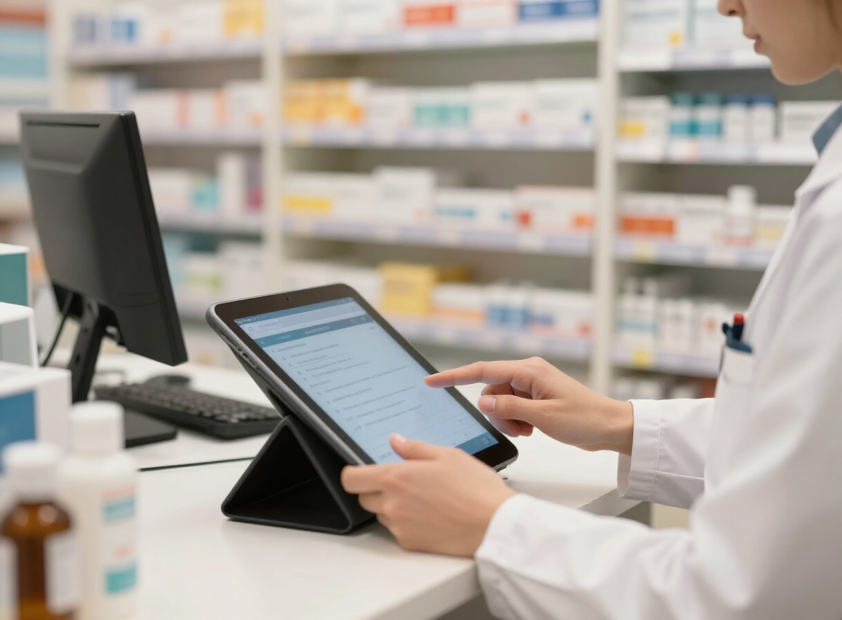 Pharmacist using a tablet at the dispensing workbench