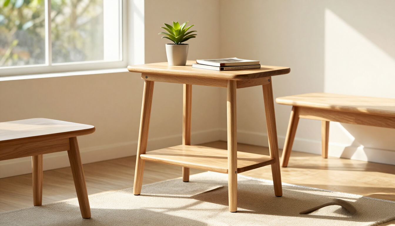 A finished handmade wooden side table and simple bench in a bright living room corner at golden hour, warm natural light through a window, a plant and book on the table