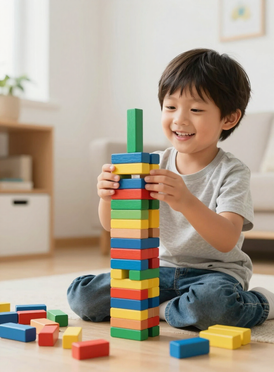 Child building a tower of wooden blocks