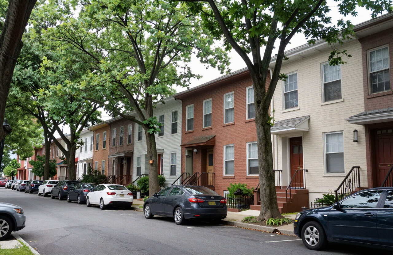 Secaucus NJ townhome community street view with rows of attached townhomes and uniform exteriors