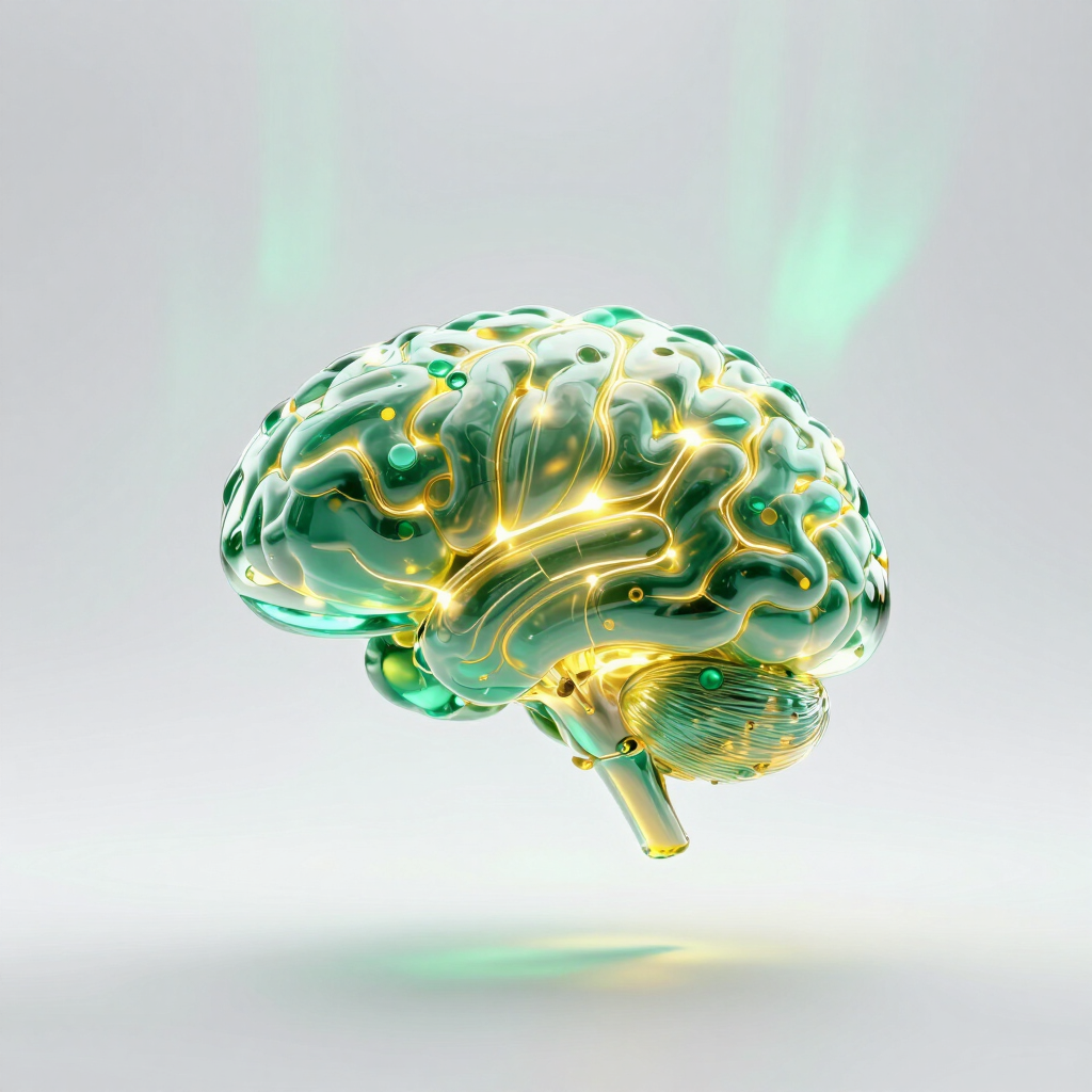 Artificial intelligence brain rendered as a glowing emerald green and golden yellow neural network of connected synapses