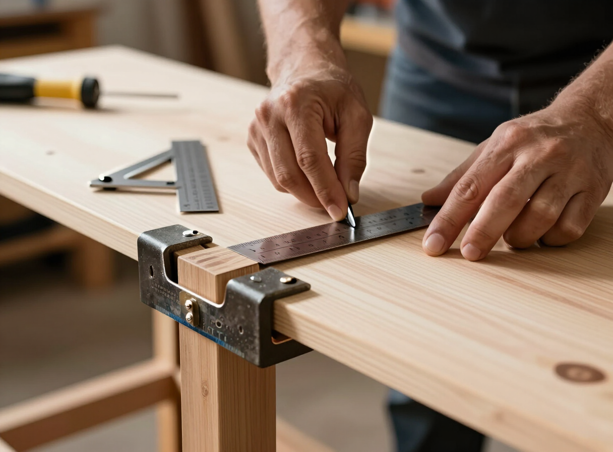 Close-up of a woodworker assembling a simple wooden table, using bar clamps to hold the legs and apron together while checking for square with a combination square