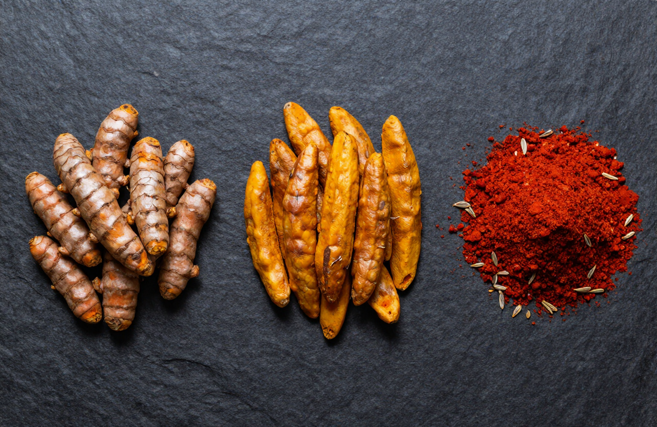 Illustrative overhead view of turmeric fingers, red chilli powder and cumin seeds