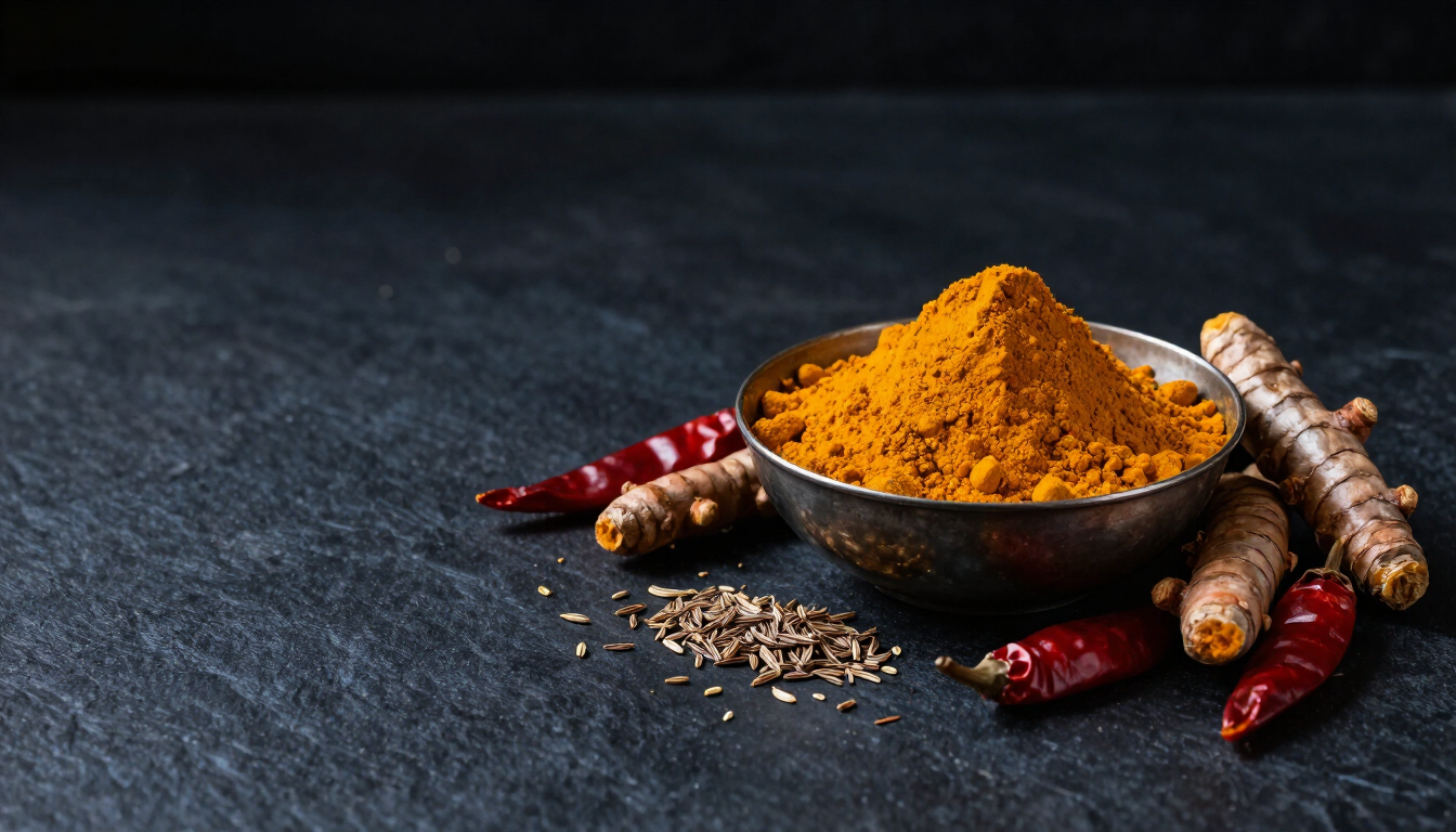Illustrative still life of turmeric powder, dried turmeric fingers, chillies and cumin on a dark surface