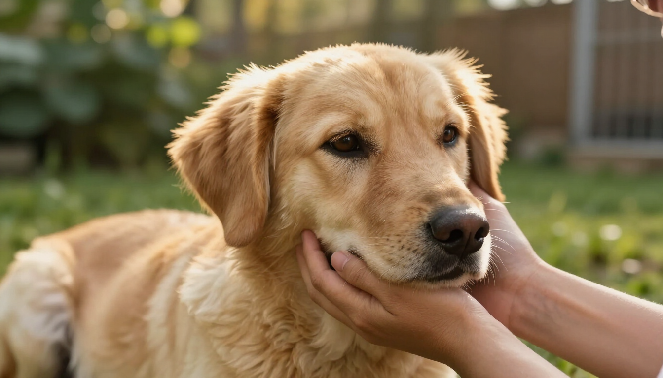 Chien sauvé posant sa tête dans les mains d'une bénévole, dans le jardin d'un refuge ensoleillé