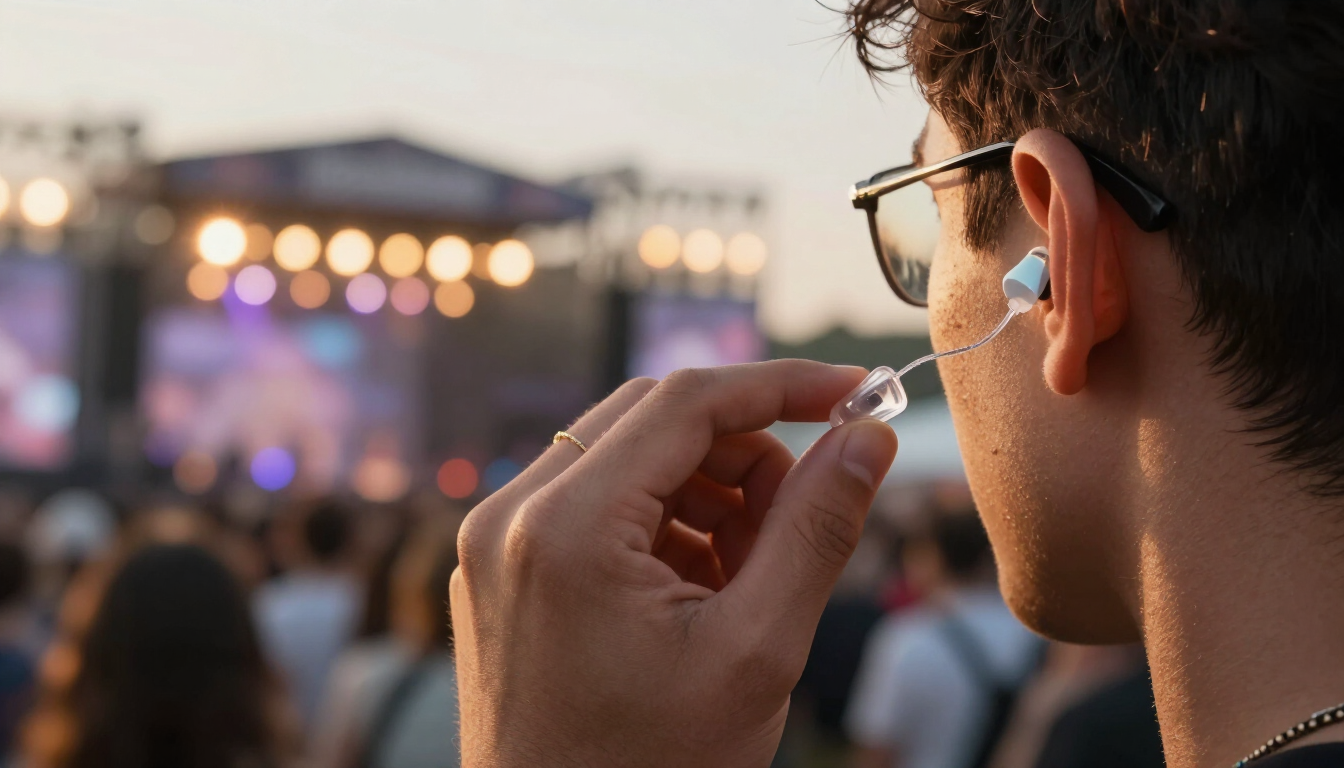 Person inserting high fidelity concert earplugs in ear at outdoor music festival.