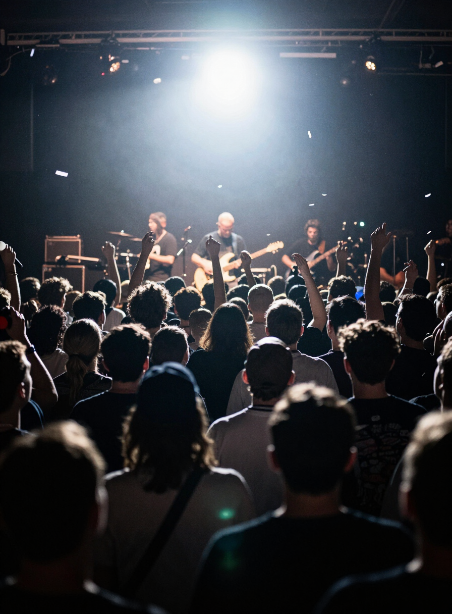 Crowd surging under a bright white strobe with confetti suspended in the air
