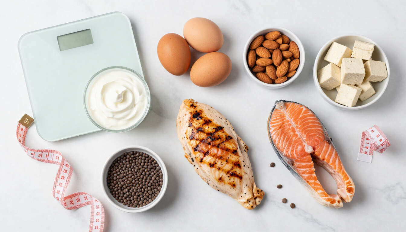 High-protein foods including chicken, eggs, salmon, yogurt, lentils and tofu illustrating daily protein needs