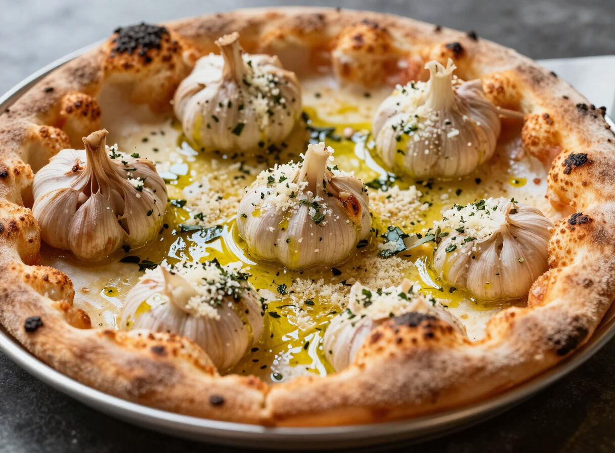 Golden garlic knots brushed with olive oil, herbs and parmesan in a basket