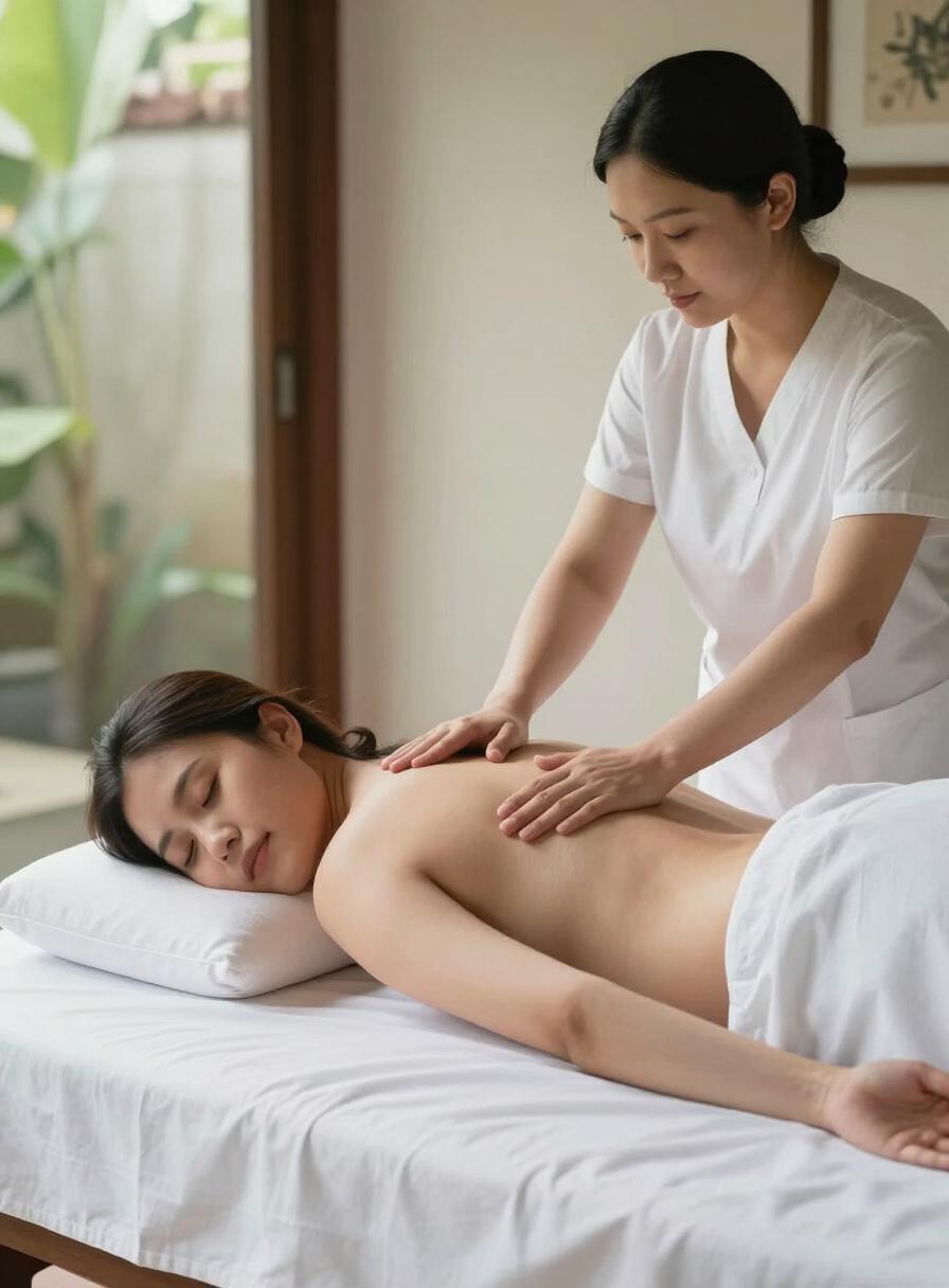 A pregnant guest resting comfortably side-lying during a gentle pregnancy massage in a Bali villa bedroom