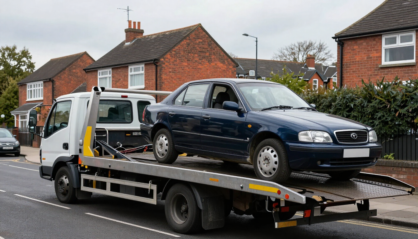 Recovery flatbed truck loading a non-running dark blue saloon car on a suburban street in Birmingham