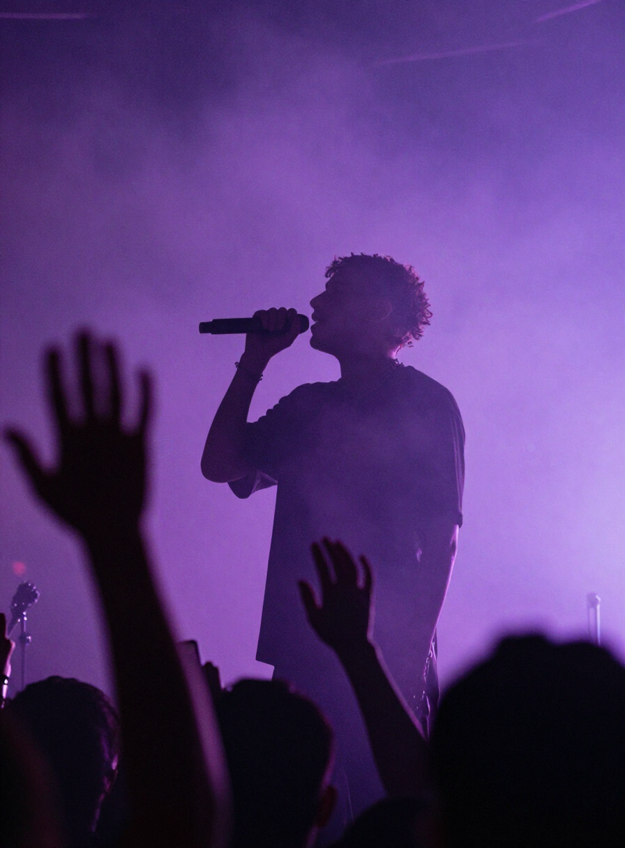 Singer silhouetted against violet backlight and fog on a festival stage