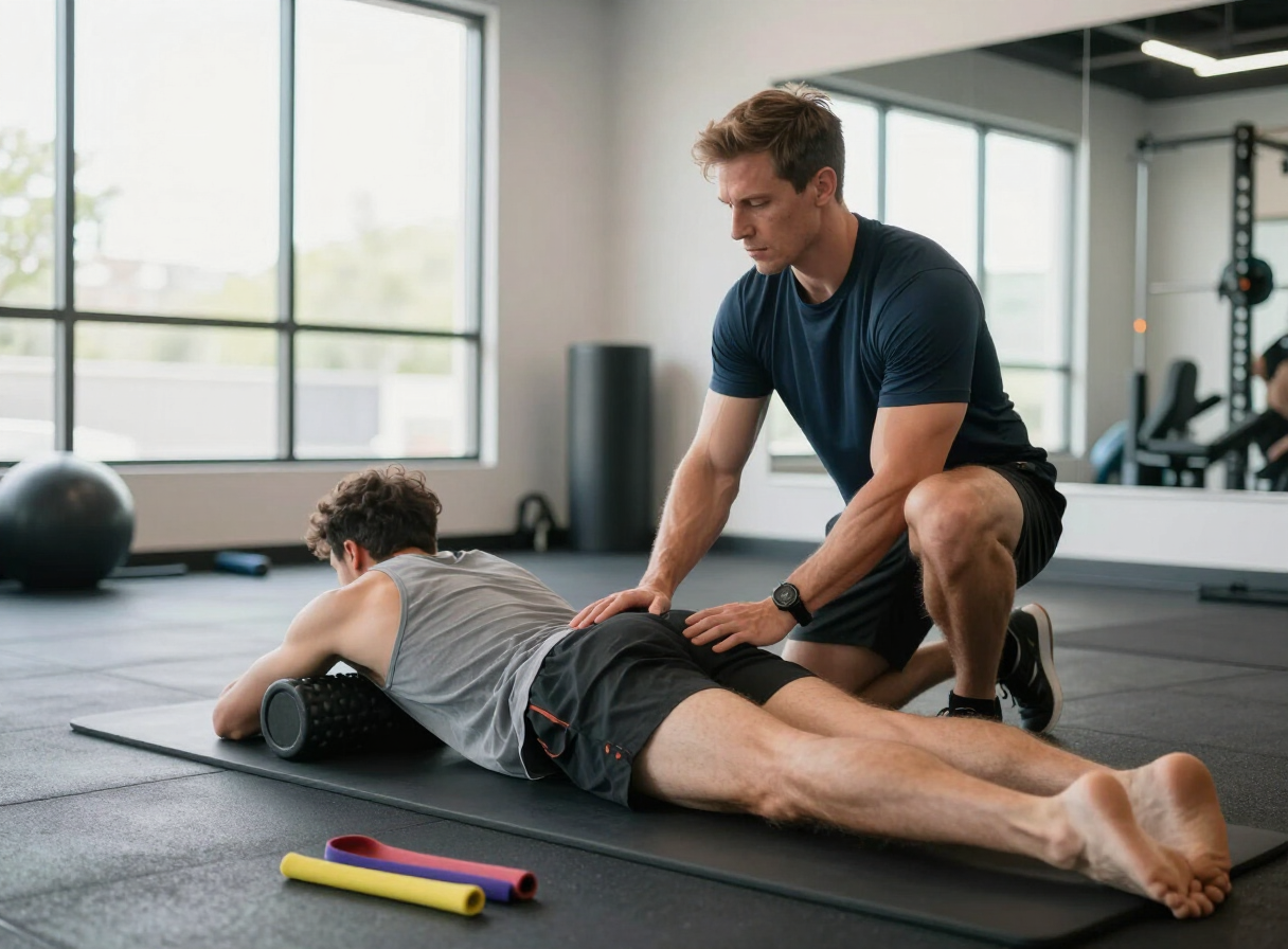 Coach guiding an athlete through a mobility session on the training floor