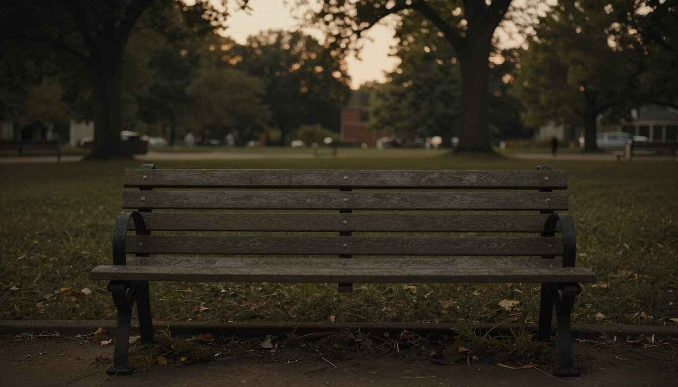 An empty wooden bench in a quiet Kansas City park at dusk, soft golden light through the trees