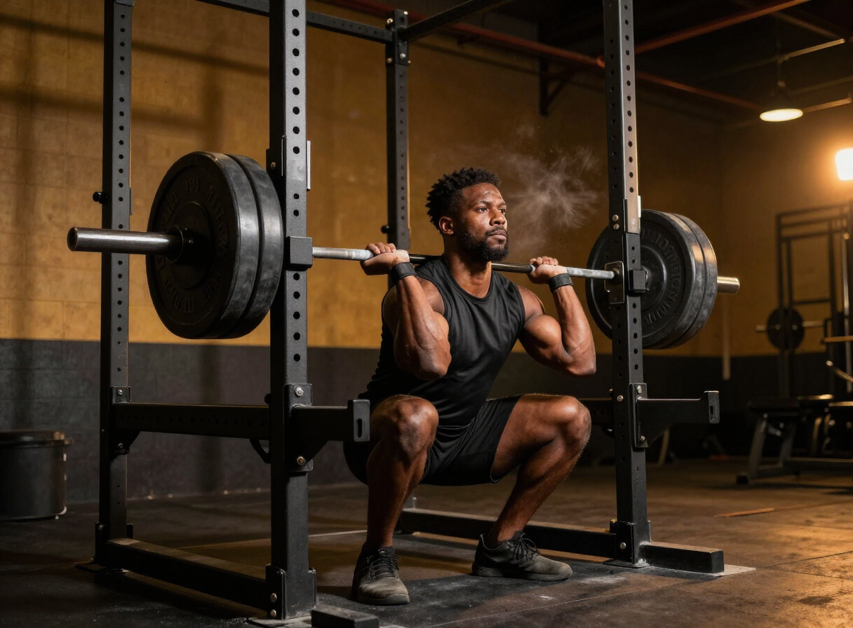 Athlete performing a heavy barbell back squat under coaching supervision
