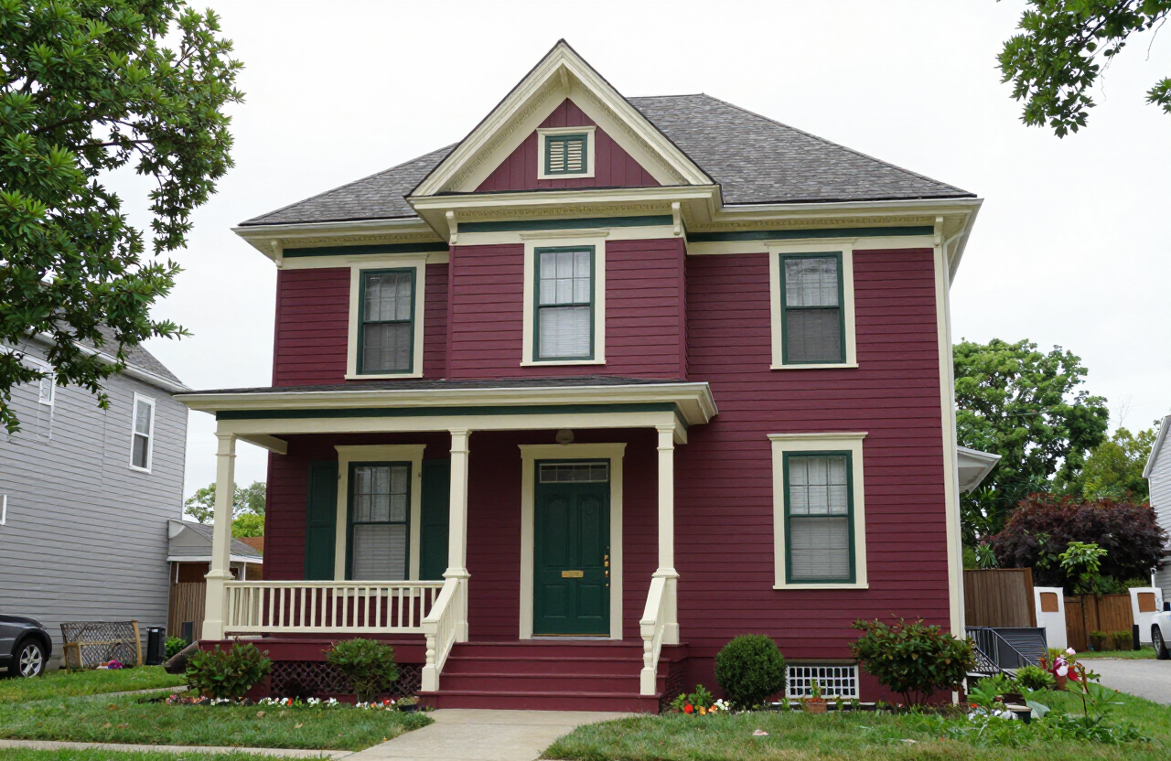 Rutherford NJ Victorian home after color refresh with burgundy body, cream trim, and forest green accents