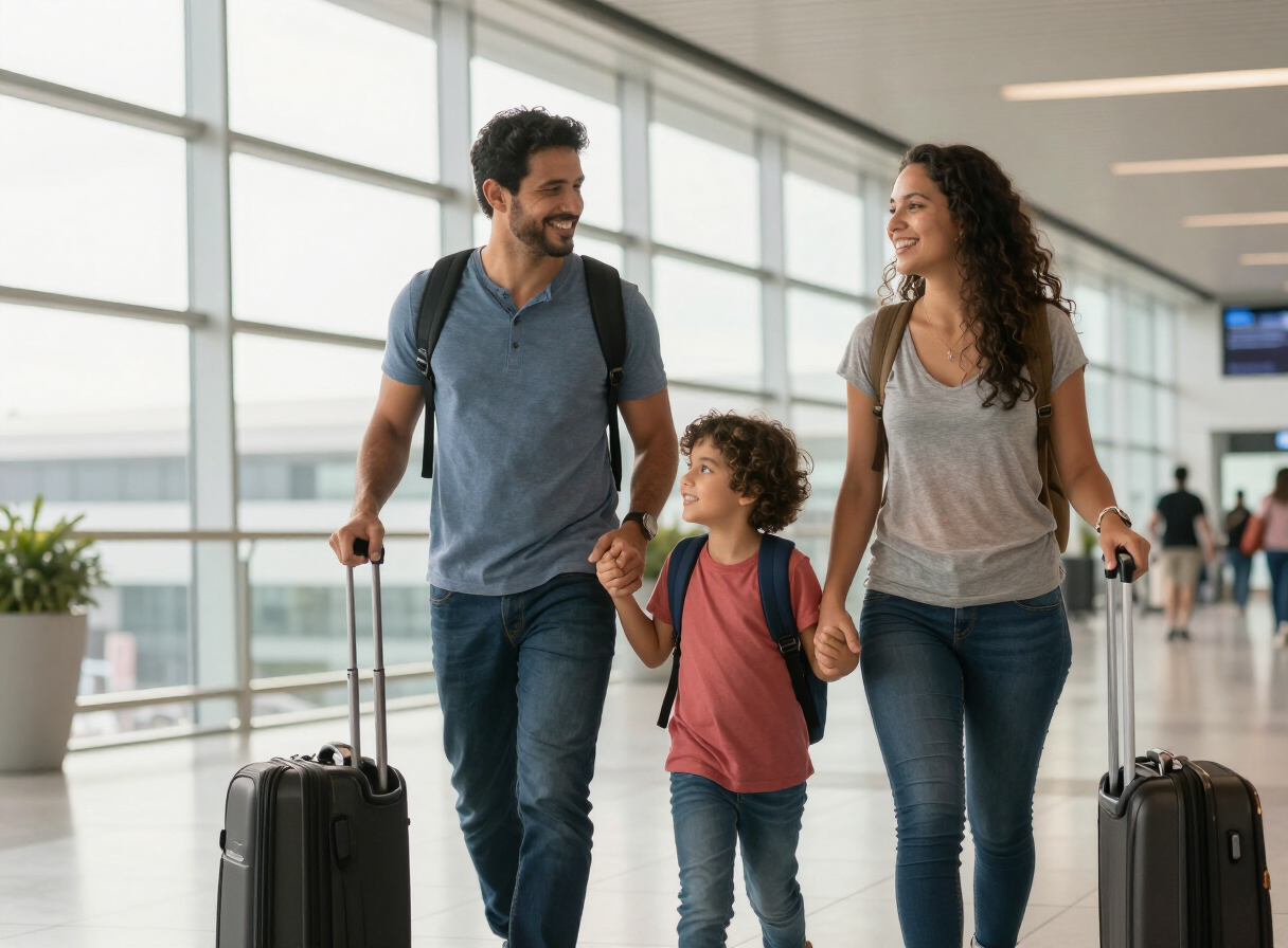 Família brasileira sorrindo com malas em um aeroporto moderno antes de viajar para os Estados Unidos