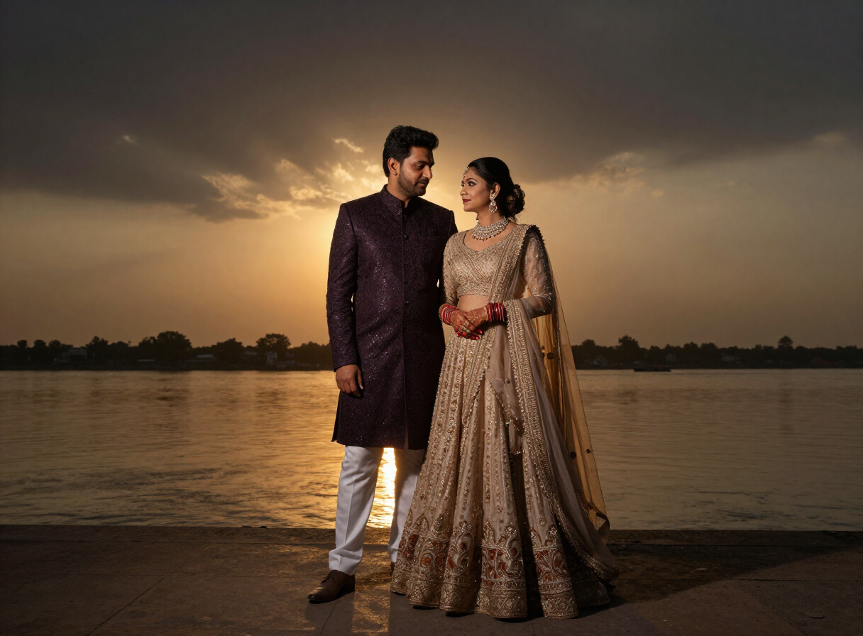 Pre-wedding shoot at sunset on the Ganga riverfront in Patna