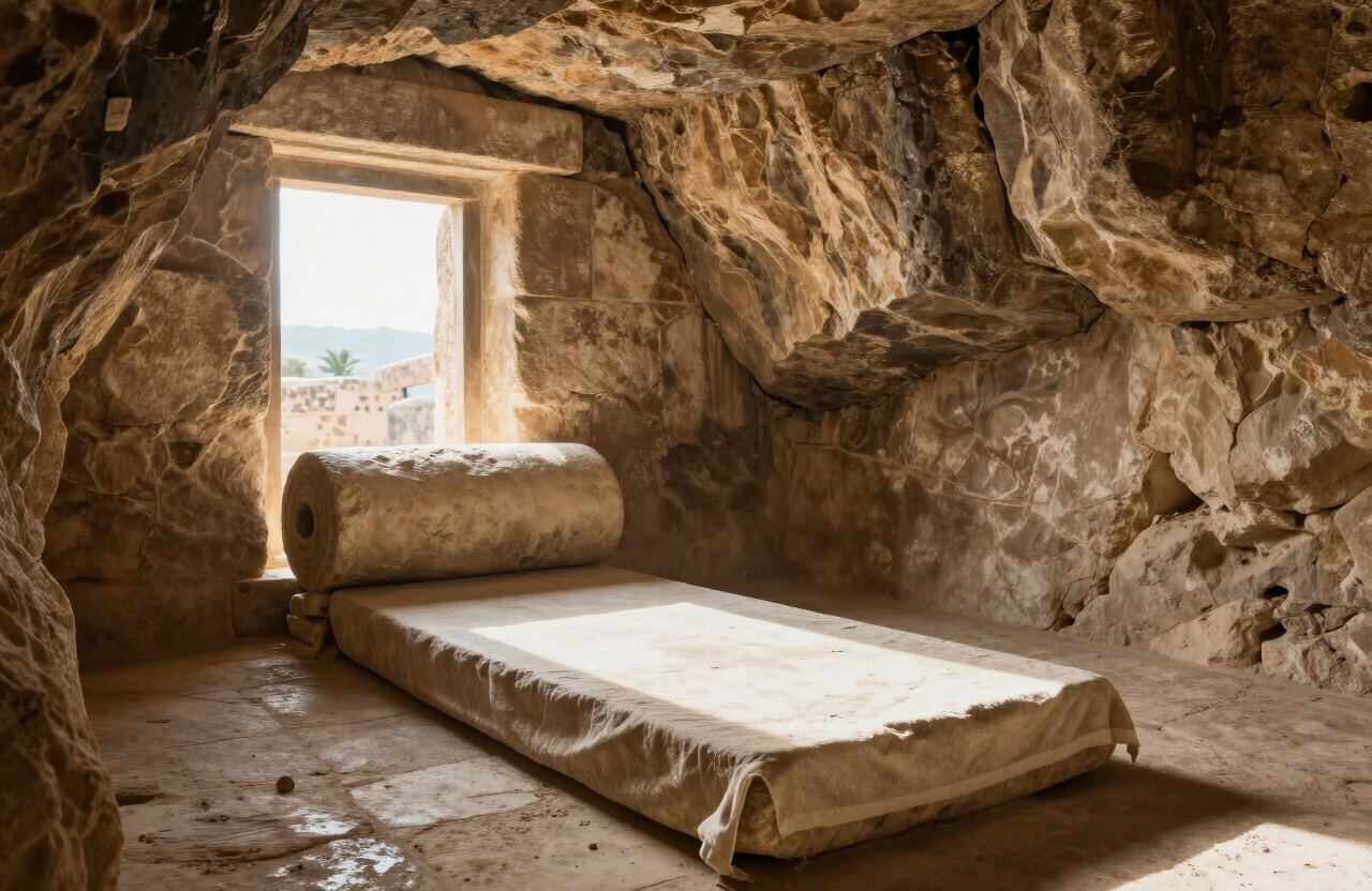 Morning light streaming into an empty stone tomb