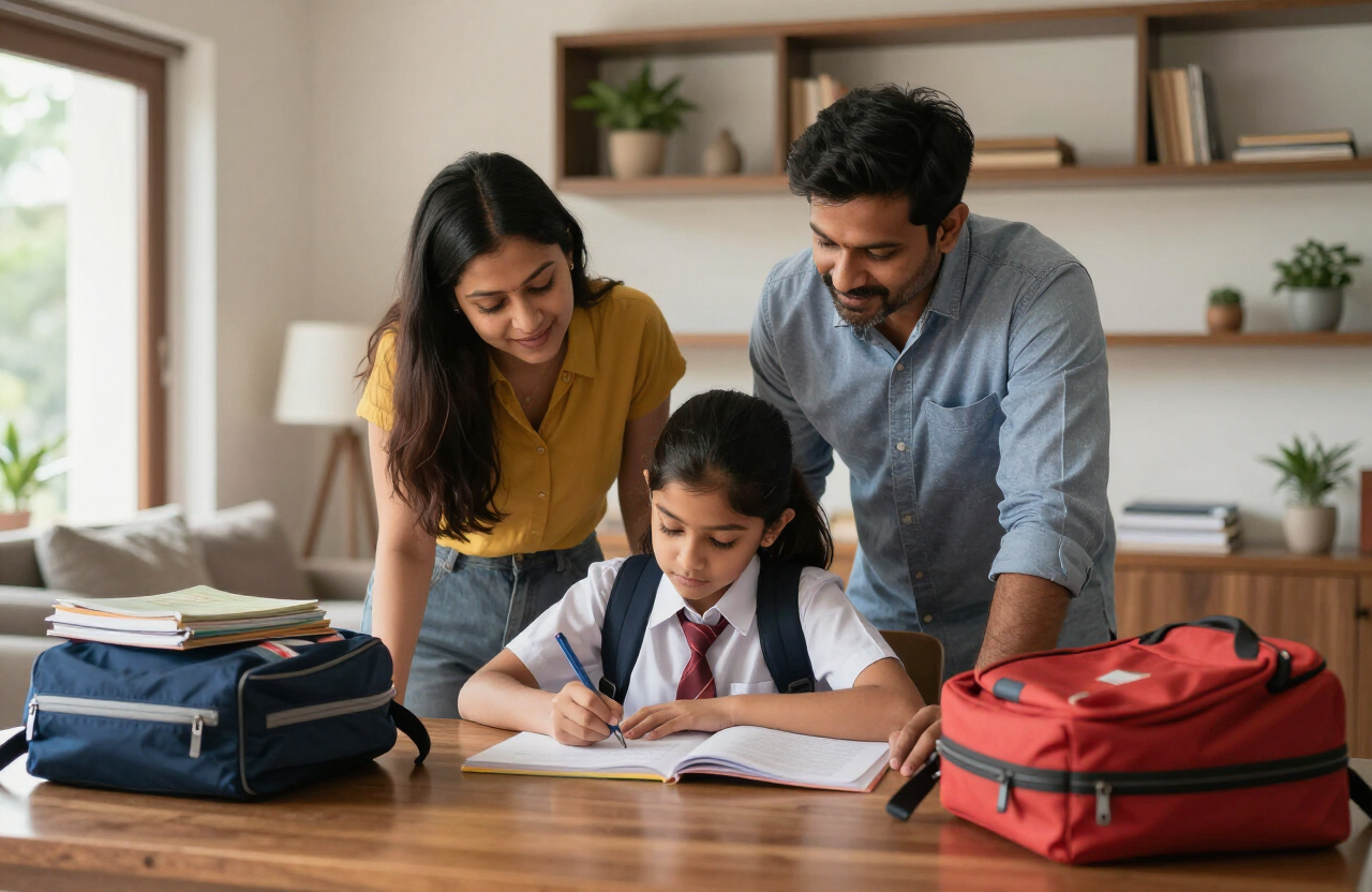 Indian parents helping their school-age daughter with homework