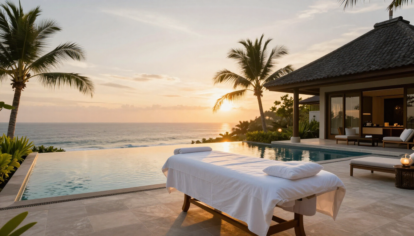 Cinematic view of a luxury Bali villa terrace at golden hour with a massage table facing the coastline