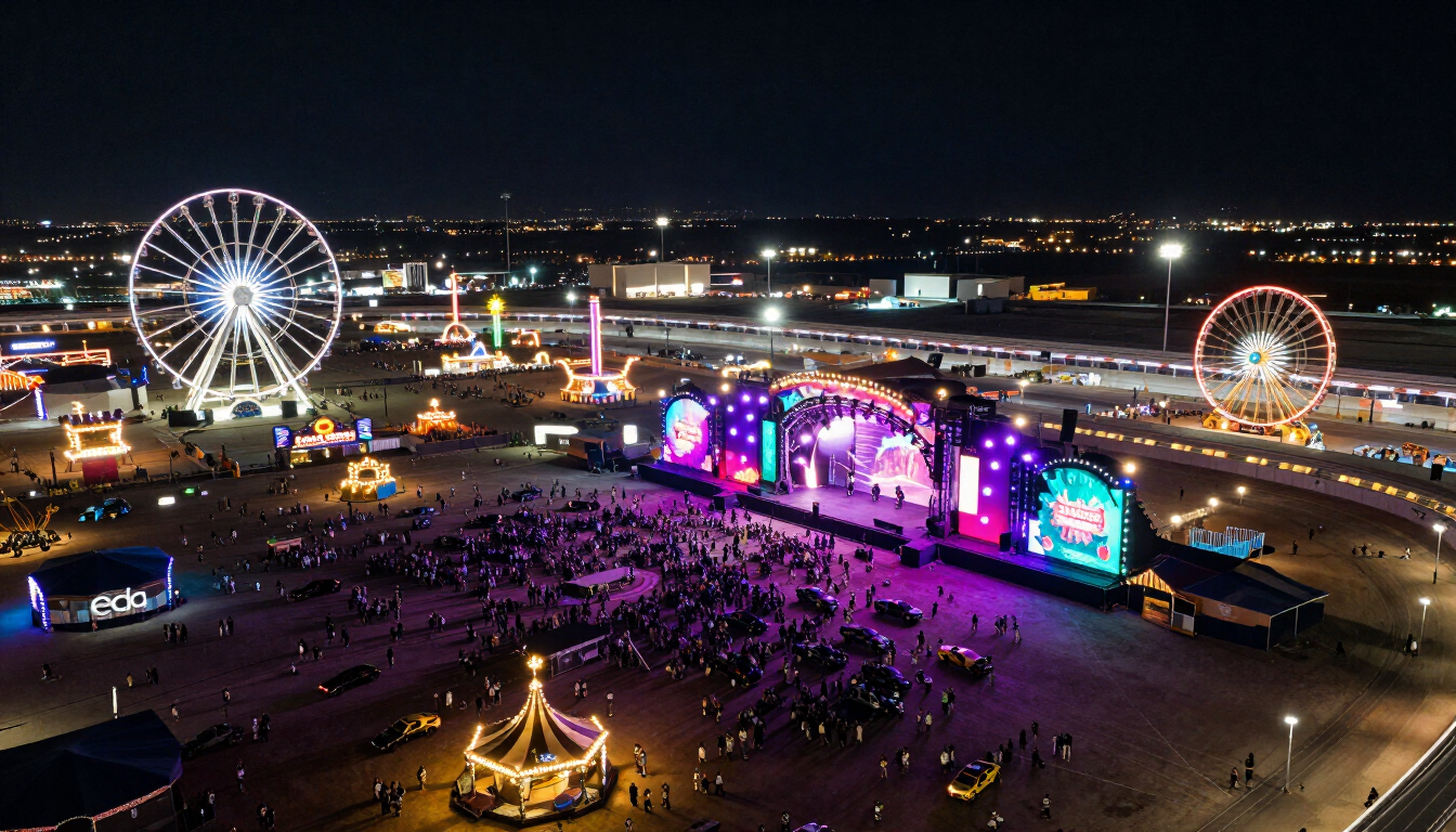 Night view of EDC Las Vegas at Las Vegas Motor Speedway showing illuminated stages, carnival rides, and festival crowd under colorful lights.