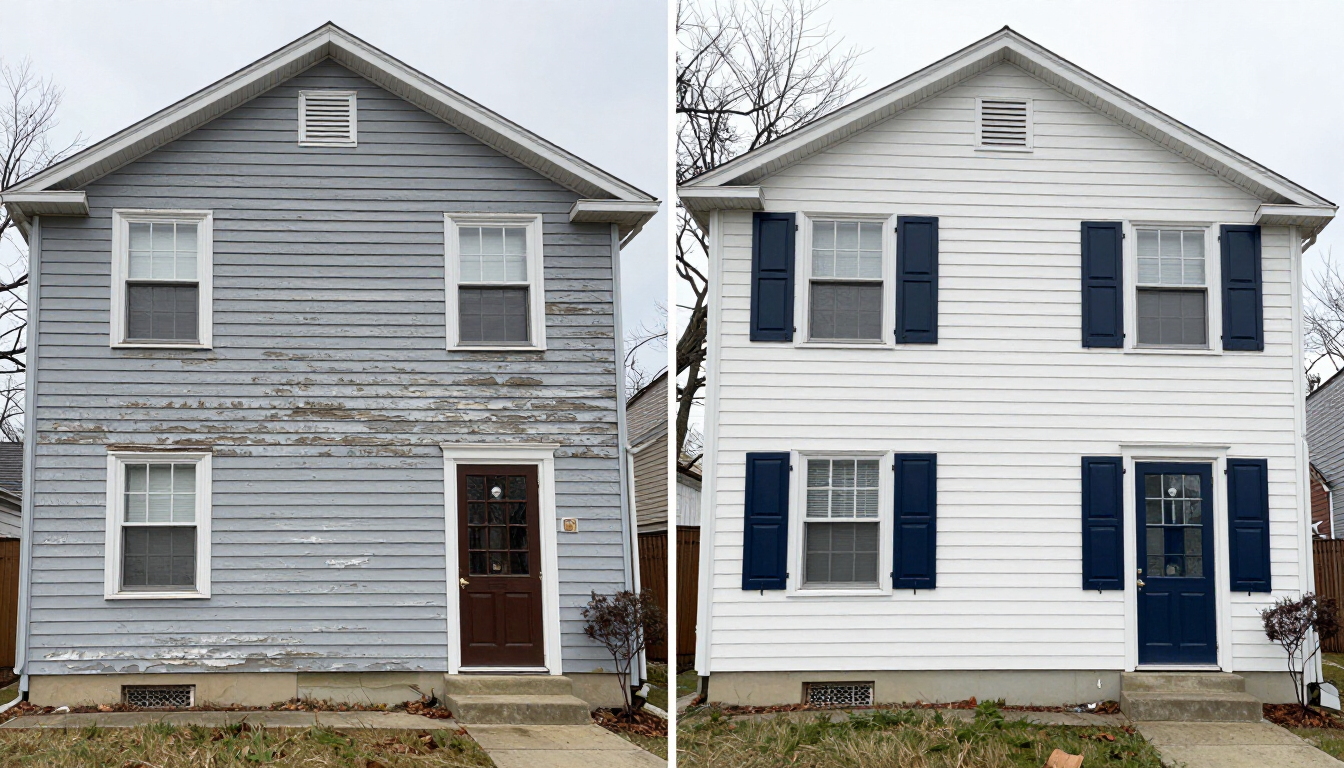 Before and after comparison of a Wood-Ridge NJ single-family home exterior refresh