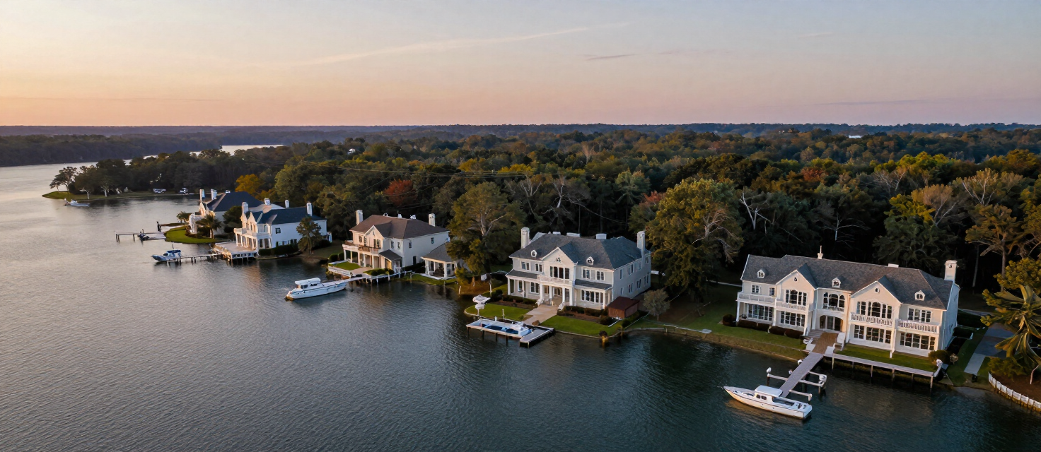 Aerial view of Lake Norman luxury waterfront estates at sunset