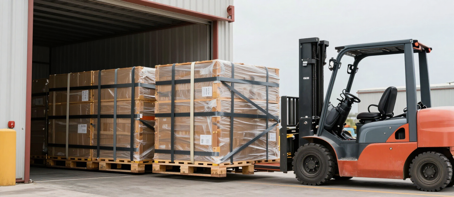 Loading dock at a warehouse with freight pallets being secured with heavy straps and a forklift