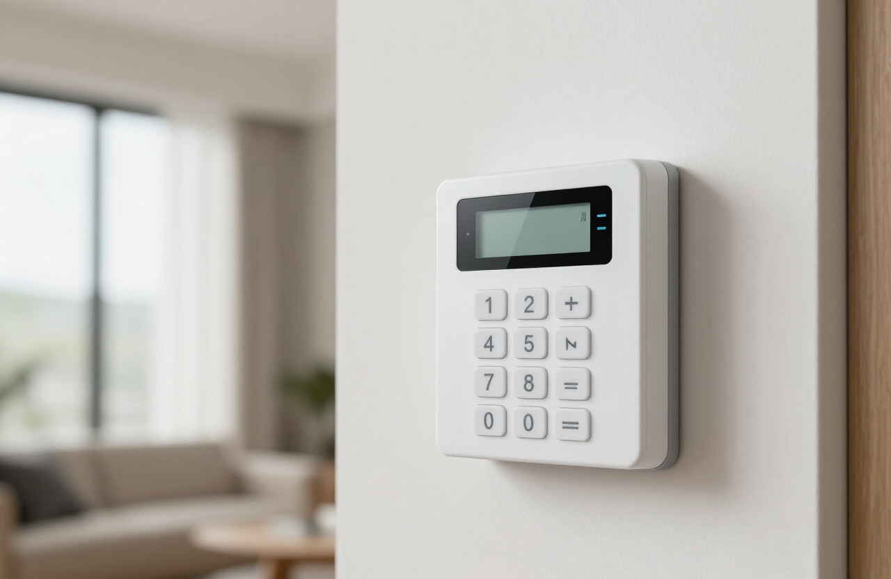 Security alarm keypad panel mounted on a wall inside a Malaysian home