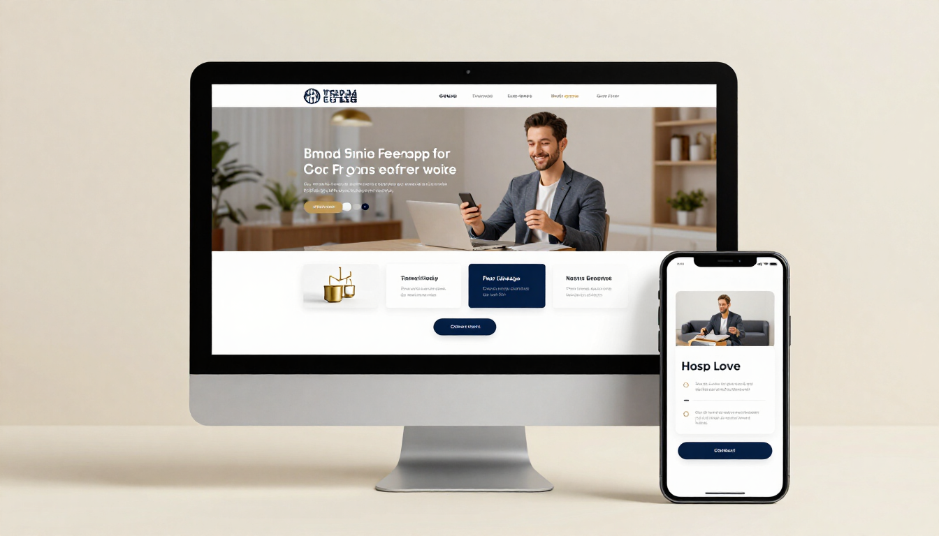 Illustrative mockup of a clean, mobile-friendly small business website shown on a desktop monitor and a smartphone