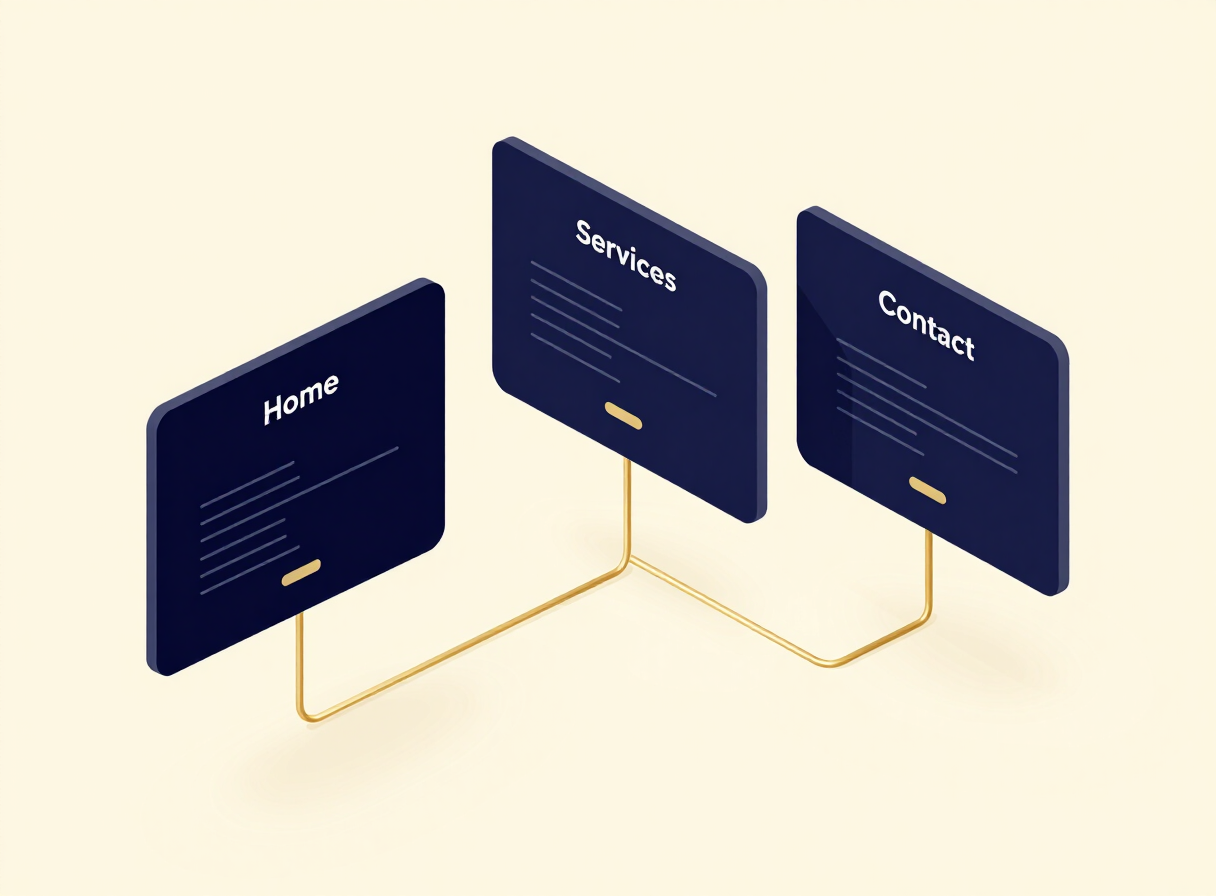 Illustrative isometric mockup of a simple three-page small business website structure