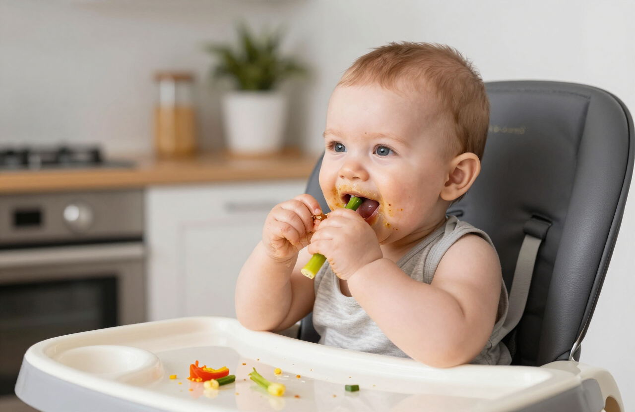 Bebé practicando Baby Led Weaning comiendo bastones de verdura con las manos en una silla alta