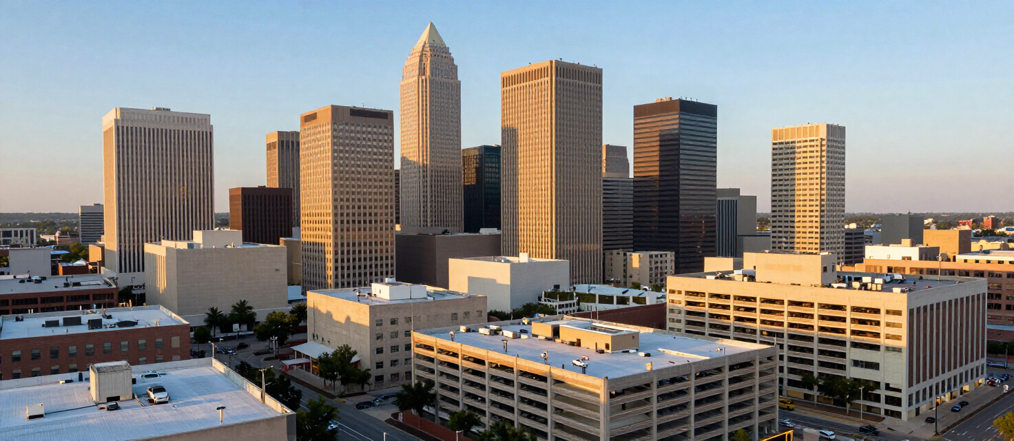 Downtown New Orleans CBD skyline with office buildings and parking garages