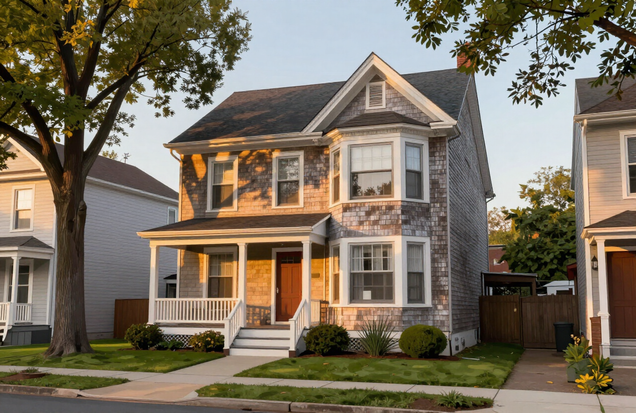 Illustrative older Hackensack NJ two-family home exterior with clapboard siding, front porch, and mature trees on a quiet residential street at golden hour